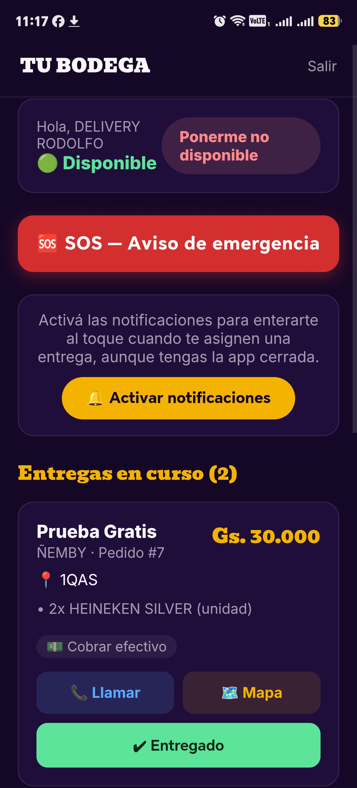 Pantalla del repartidor